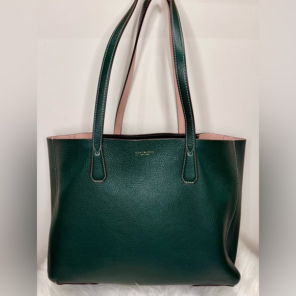 Tory Burch Perry Pebbled Leather in Green/Pink Reversible Laptop Bag Tote EUC - Picture 3 of 16